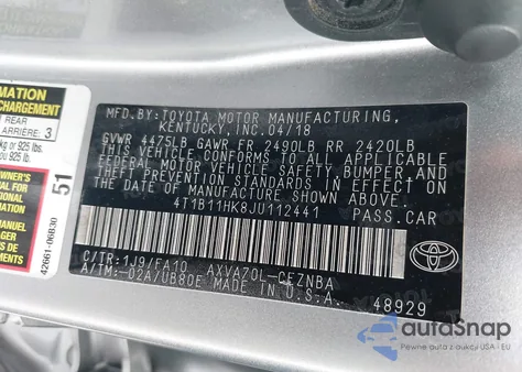 2018 Toyota Camry Le z USA, uszkodzony, nr VIN 4T1B11HK8JU112441